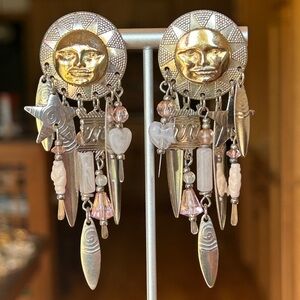 Vintage Tabra Peruvian God Bronze Gold Sun Moon Face Pink Gem Embossed Dangles